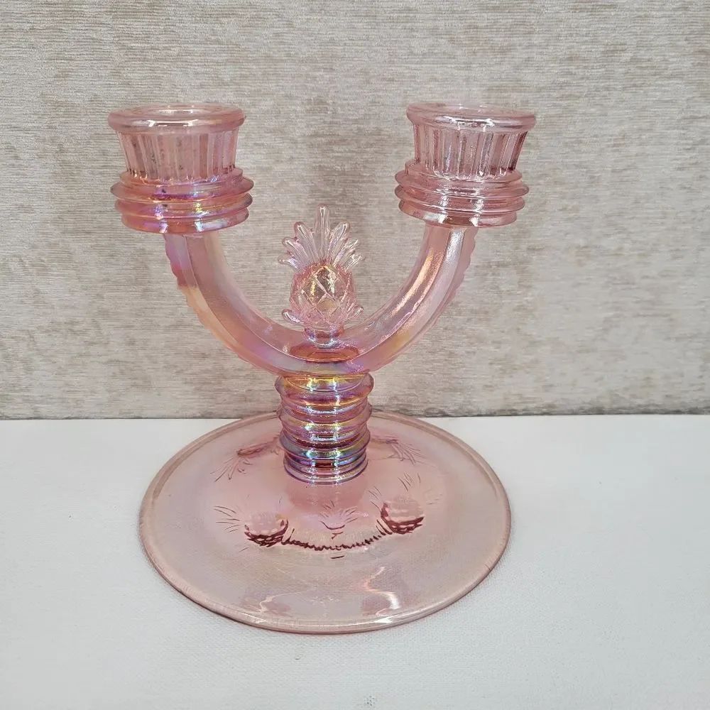 Fenton Pineapple Candlestick Double Pink Glass Candle Holder Vintage Candelabra